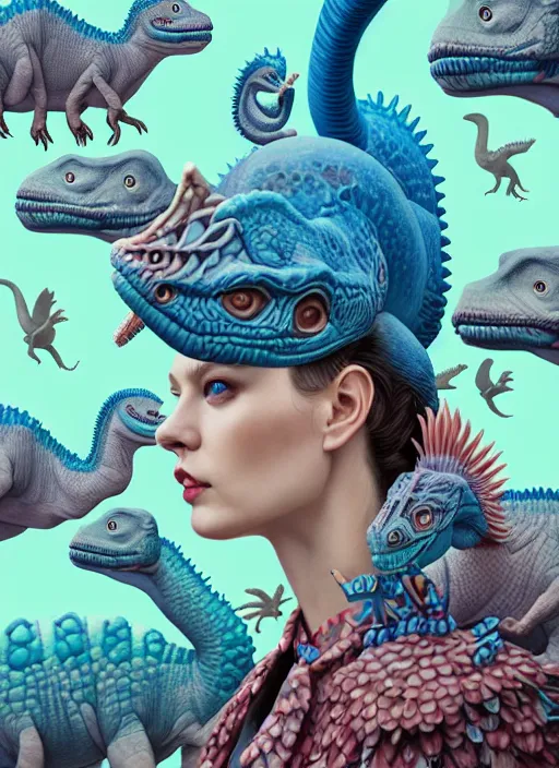 Prompt: pretty model blue eyes with cute dinosaurs : : by martine johanna and simon stalenhag and chie yoshii and casey weldon and wlop : : ornate, dynamic, particulate, rich colors, intricate, elegant, highly detailed, vogue, harper's bazaar art, fashion magazine, detailed face, smooth, sharp focus, 8 k, octane render,