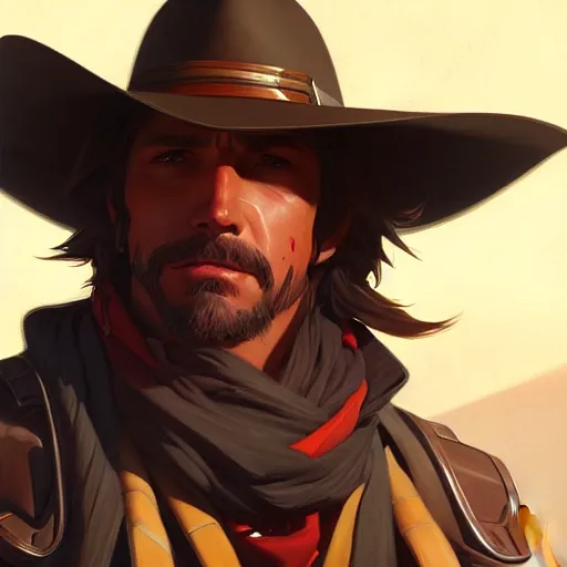 Image similar to Portrait of Mccree from Overwatch ,highly detailed, digital painting, artstation, concept art, sharp focus, illustration, art by greg rutkowski and alphonse mucha