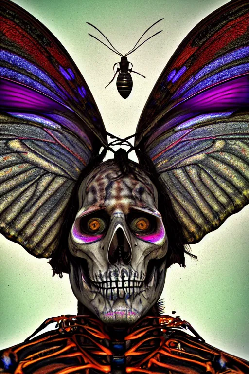 Image similar to a portrait of a skelton with moth wings, highly detailed, digital photo, hdri, by christopher bretz and john carpenter, vivid colors, high contrast, 8 k resolution, intricate, photorealistic, smooth, psychedelic color scheme, concept art, award winning, cg society contest winner