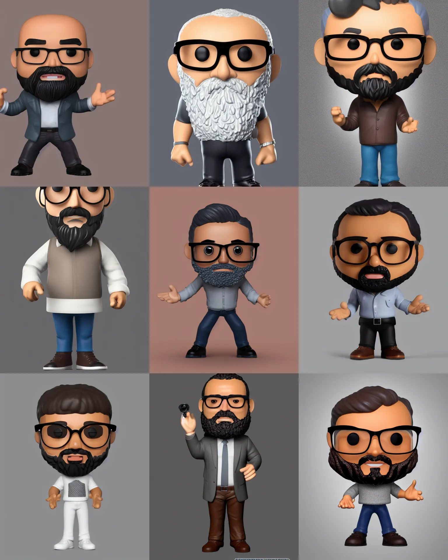 Prompt: full body 3 d render of brown middle aged man, small circle beard, small glasses, dark hair, as a full body funko pop!, studio lighting, grey background, single body, no shadow, blender, trending on artstation, 8 k, highly detailed