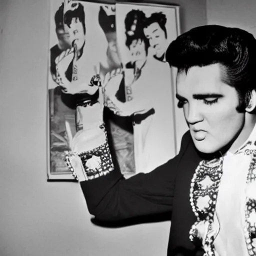 Prompt: Satanic States of America, alternate history, 1957, Elvis Presley, gothic Elvis, photograph, paparazzi photo