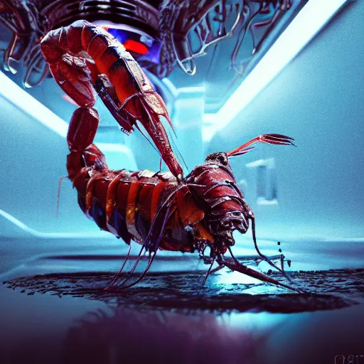 Image similar to a cyber shrimp god, evil, villain, studio, studio background, sharp focus, dynamic lights, still, photograph, hyper realistic, masterpiece, digital, octane render, rendered, 3 d, blender, 3 d software, cinematic, cinematic lighting, dramatic lighting, dramatic, highly detailed, intricate details, texture, slime, cinematic composition