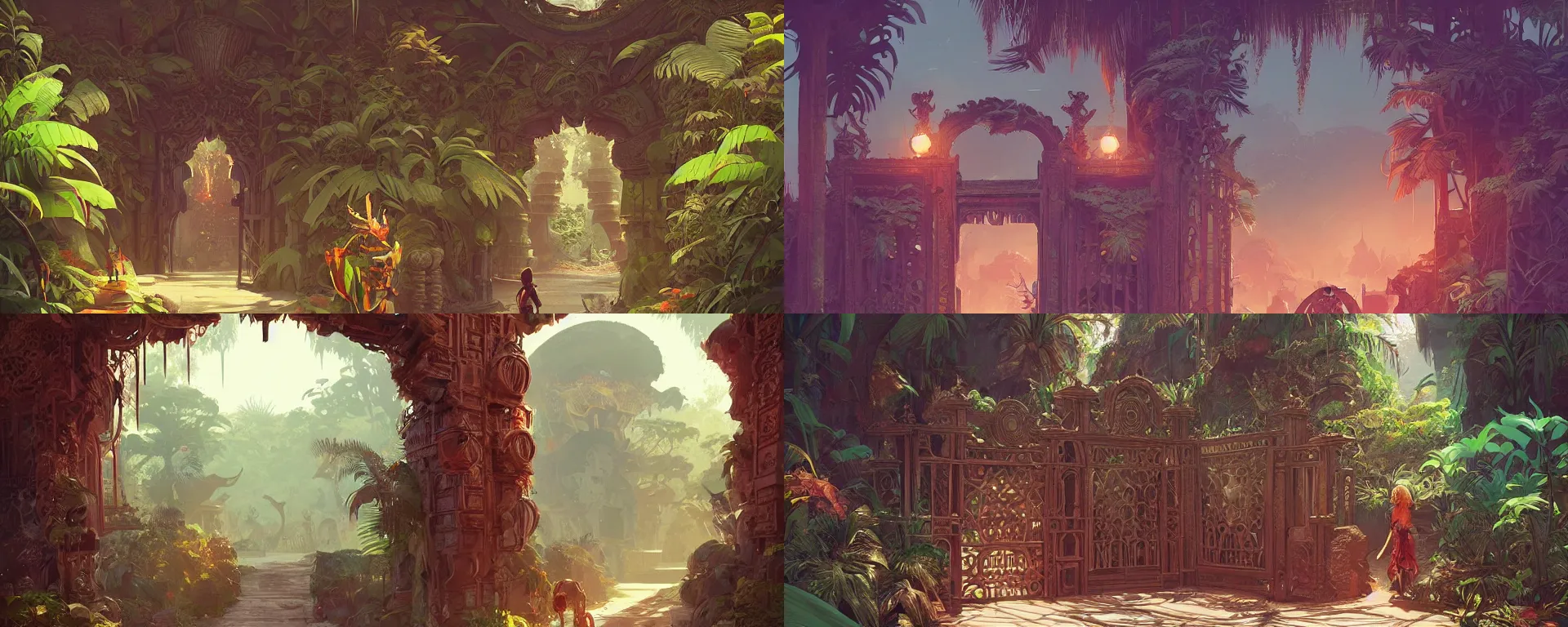 Prompt: a beautiful detailed concept art of ancient ornamental gate in the middle of tropical jungle by atey ghailan, by greg tocchini, by james gilleard, by joe gb fenton, by kaethe butcher, dynamic lighting, vibrant, clean, grunge aesthetic, octane render, artstation