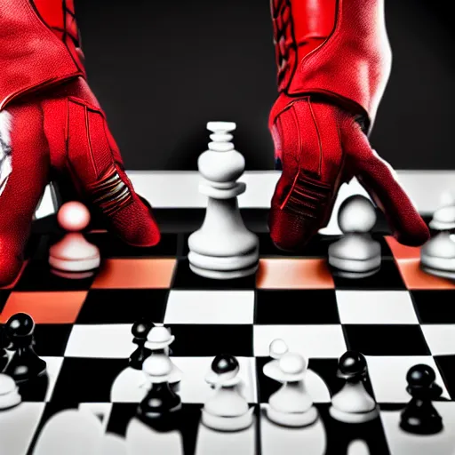 Image similar to deadpool playing chess, photography, marvel, movie,