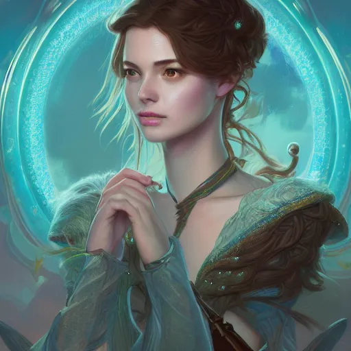 Image similar to close up portrait of a retrowave young woman, D&D, fantasy, intricate, elegant, highly detailed, digital painting, artstation, concept art, matte, sharp focus, illustration, hearthstone, art by Artgerm and Greg Rutkowski and Alphonse Mucha