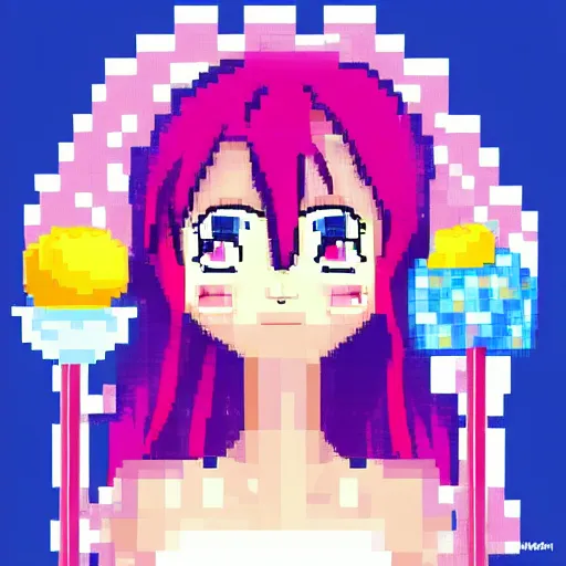 Image similar to portrait colorful anime girl with big eyes and pink hair eating ice cream pixel art