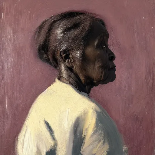 Image similar to a painting of a elder woman by Lynette Yiadom-Boakye . details, smooth, sharp focus, illustration, realistic, cinematic, artstation, award winning, rgb , unreal engine, octane render, cinematic light, macro, depth of field, blur, red light and clouds from the back, highly detailed epic cinematic concept art CG render made in Maya, Blender and Photoshop, octane render, excellent composition, dynamic dramatic cinematic lighting, aesthetic, very inspirational, arthouse.