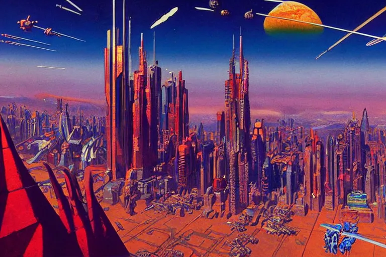 Prompt: cloisonnism painting of megacity 1 from judge dredd megacity 1 from judge dredd in no mans sky no mans sky | masterpiece syd - mead, moebius