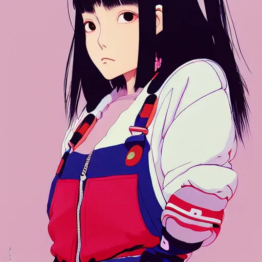 Image similar to a beautiful japanese natalie portman gravure model, wearing oversized native designer bomber jacket and leotard with overalls, bulky poofy bomber jacket with mesoamerican patterns, mesoamerican native street fashion, gapmoe yandere grimdark, trending on pixiv fanbox, painted by greg rutkowski makoto shinkai takashi takeuchi studio ghibli, akihiko yoshida