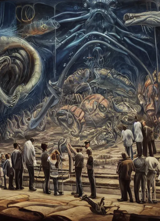 Prompt: a group of scientists standing in front of a large aquarium, an ultrafine detailed painting by jose clemente orozco, cgsociety, massurrealism, matte drawing, lovecraftian, dystopian art