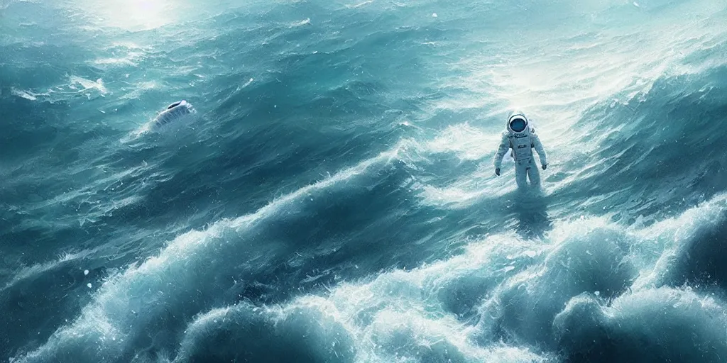 Image similar to an astronaut lost in the ocean,digital art,detailed,ultra realistic,art by greg rutkowski