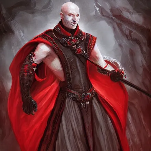 Prompt: d & d painting portrait necromancer man with bald head, red eyes, pallid skin, long flowing black and red robes. in style of tony sart