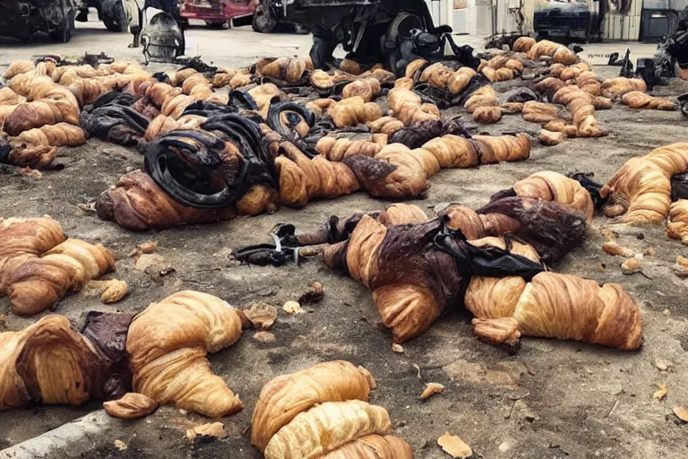 Prompt: croissant graveyard, in a dark and gritty version from the makers of mad max fury road