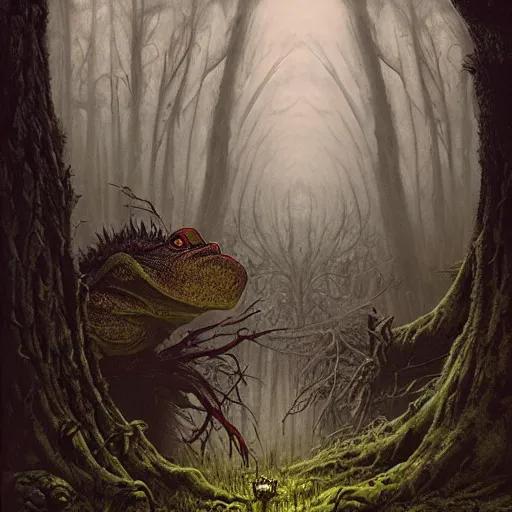 Image similar to evil toads in the forest, foggy, atmospheric, highly detailed, hyperrealistic, gothic horror, gerald brom, tony sart, larry elmore, anato finnstark