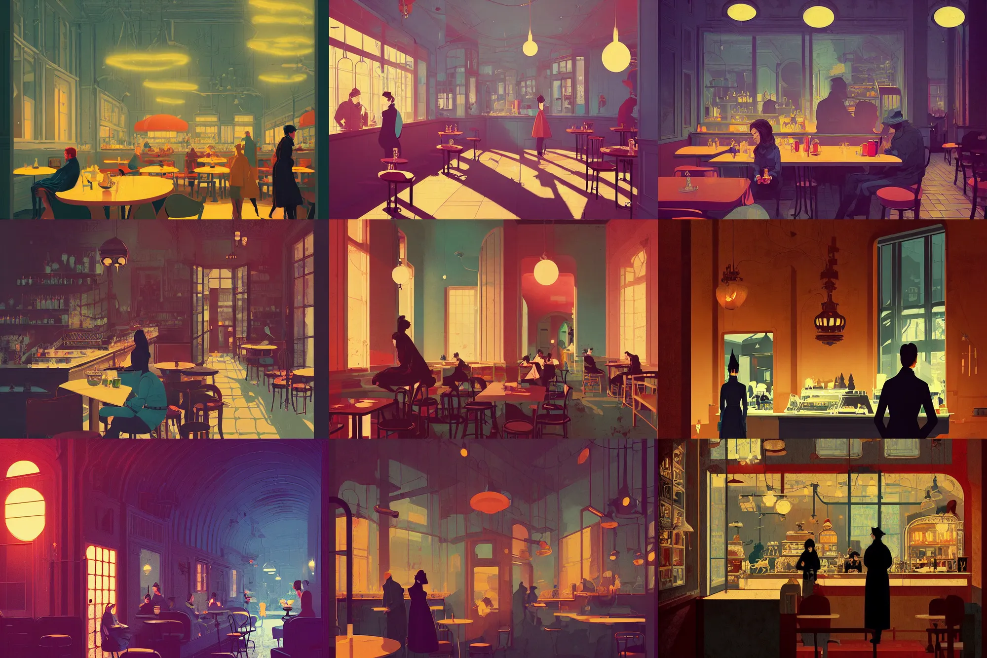 Prompt: illustrated portrait of a victorian cafe interior, colorful, ( ( mads berg ) ), christopher balaskas, ( ( victo ngai ) ), rich grainy texture, detailed, dynamic composition, dramatic gradient lighting, wide angle, muted color, matte print, dark tint