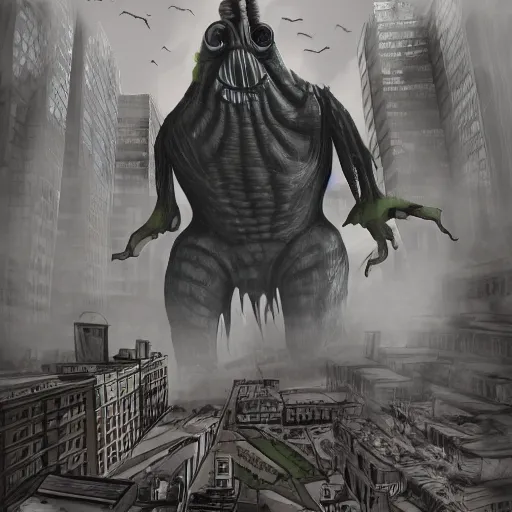 Prompt: a truly massive horrifying creature that is wreaking havoc on a city, digital art