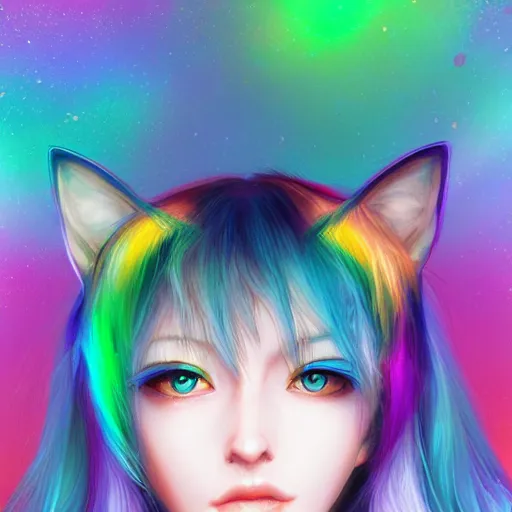 Prompt: catgirl with short rainbow hair, digital art, by Yoshitaka Amano, trending on artstation, 4k, highly detailed, psychedelic, cat ears