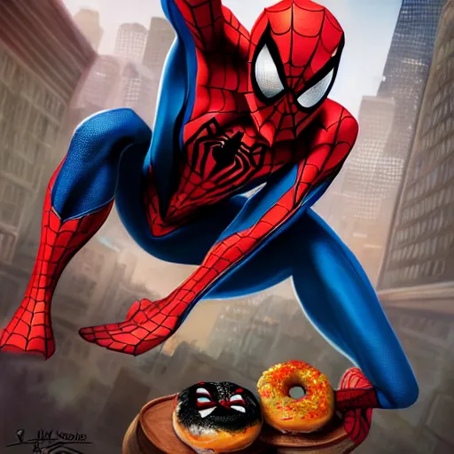 Image similar to spider - man sit on the raccoon and eating donuts, concept art, trending on artstation, highly detailed, intricate, sharp focus, digital art, 8 k