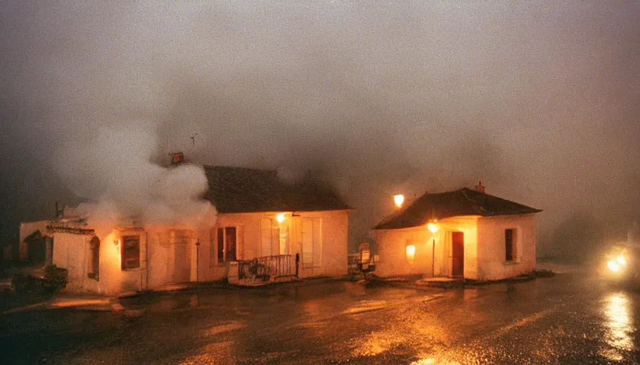 Prompt: 1 9 7 0 s movie still of a heavy burning french style little house in a small north french village by night, rainy, foggy, in winter, cinestill 8 0 0 t 3 5 mm, heavy grain, high quality, high detail, dramatic light, anamorphic, flares