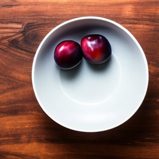 Image similar to photo of a single thick porcelain bowl filled with a few moist freshly picked plums on a wooden table. volumetric lighting. 4 k. small scale. realistic. top down.