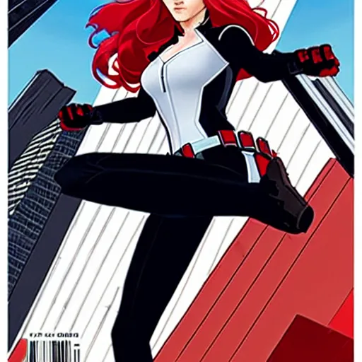 Image similar to phil noto comicbook cover art, black widow marvel, symmetrical eyes, long red hair, full body, city rooftop