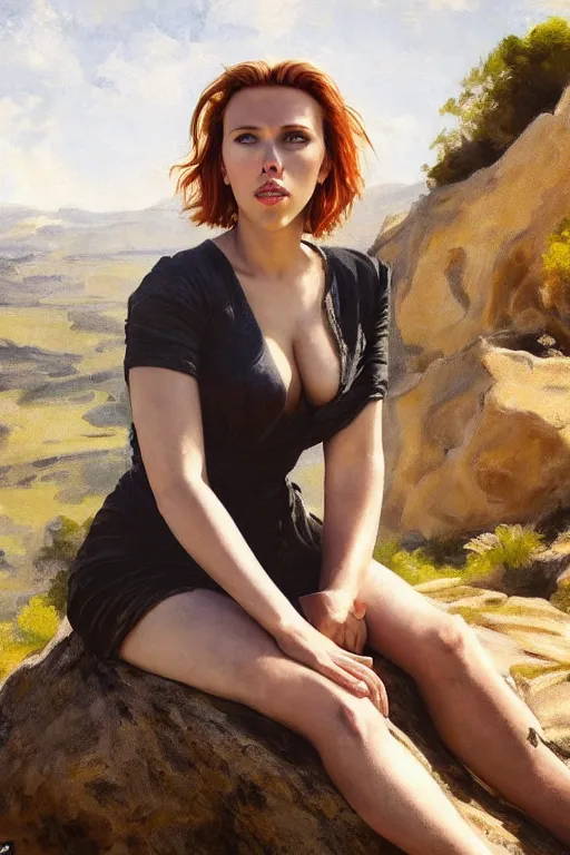 Image similar to portrait of scarlett johansson sitting with full face full figure on a rock near some ruins, in the style of expressionism, soft light, volumetric light, subsurface scattering, translucent skin, john singer sargent