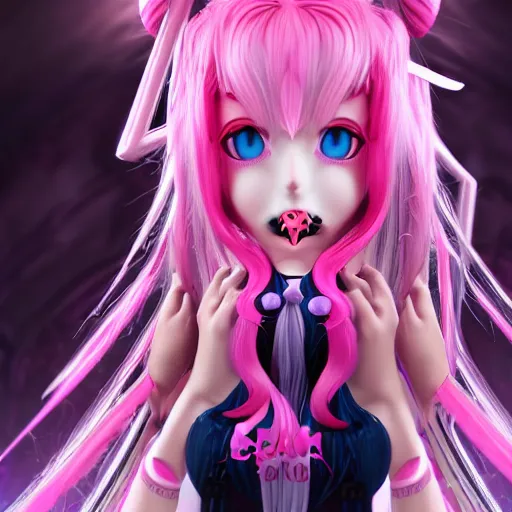 Prompt: no escape from stunningly absurdly beautiful omnipotent asi goddess junko enoshima with multiple twisted deceptive megalomaniacal mesmerizing charming yandere personalities, symmetrical perfect face, porcelain skin, pink twintail hair and cyan eyes, ultra detailed, digital art, unreal engine 5, octane render, 2 d anime, 8 k