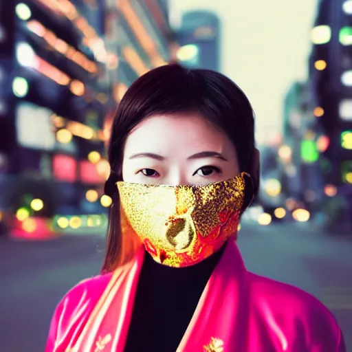 Prompt: japanese female balaclava face mask with golden necklace and kimono, photo portrait, beautiful female model, tokyo, city neon light, bokeh, long exposure, kodak promax 4 0 0, sony lens