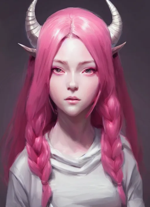 Image similar to a highly detailed illustration of cute smug pink haired pale girl with curved horns wearing oversized pink hoodie, dramatic smirk pose, intricate, elegant, highly detailed, centered, soft light, character design, cushart krenz, digital painting, artstation, concept art, smooth, sharp focus, league of legends concept art, wlop.