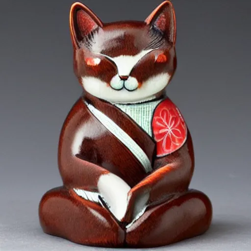 Image similar to demure anthropomorphic cat figurine wearing a kimono, brown resin, highly detailed