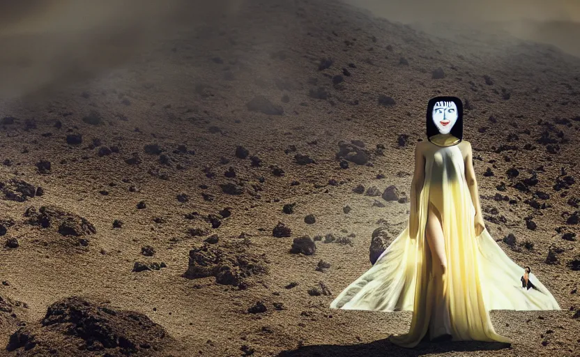 Prompt: levitating woman with fractal mirror dress with white flowers and full - face golden mask inside a thick black smoke in rocky desert landscape, sand alien city in the landscape, burning earth by gaspar noe and christopher doyle, anamorphic lens, anamorphic lens flares, kodakchrome, cinematic composition, practical effects, award winning photo, 8 k