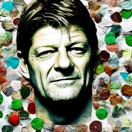 Image similar to a portrait of of sean bean constructed from beans, collage, drop shadow, organic, layered composition, layers, texture, mcu, petals, highly textured, layered, sculpted, dynamic,