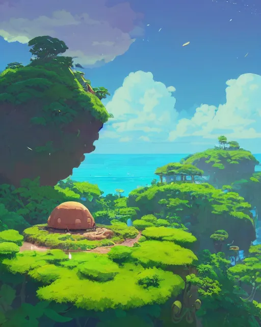 Prompt: a turtle shaped island, lush vegetation, azure water, glowing light, cory loftis, james gilleard, atey ghailan, makoto shinkai, goro fujita, studio ghibli, rim light, exquisite lighting, clear focus, very coherent, plain background, soft painting