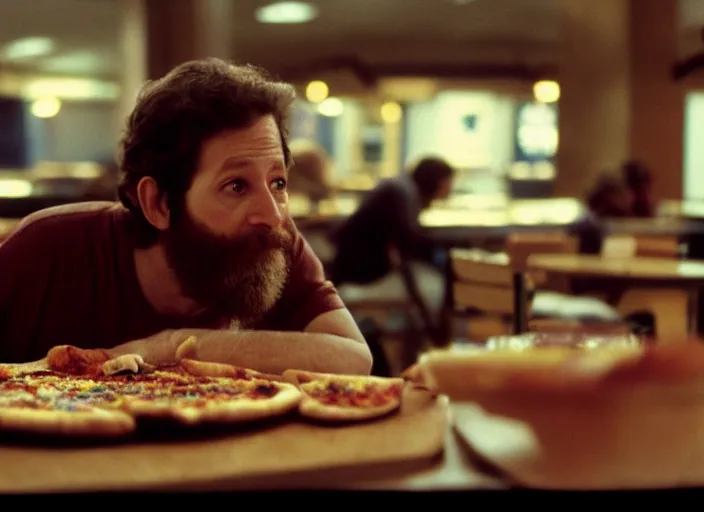 Image similar to cinematic detailed portrait of bearded charlie kaufman eating pizza at chuck - e - cheese, dramatic top down lighting, moody film still from being john malkovich ( 2 0 0 1 ), 3 5 mm kodak color stock, 2 4 mm lens, directed by spike jonze, ecktochrome