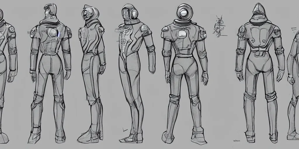 Prompt: male, space suit, character sheet, concept art, stylized, large shoulders, short torso, long thin legs, exaggerated proportions, concept design, by jean giraud