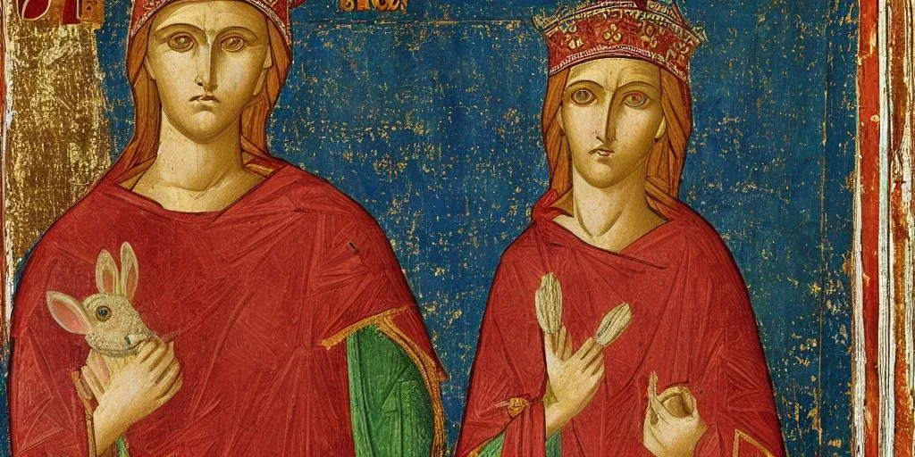 Image similar to byzantine art of a rabbit wearing a crown
