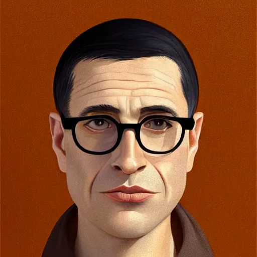 Prompt: 50 year old brunette man with very short hair, round face, circle face, circular face, square face, round jaw, wide chin , romanian, silver small glasses, romanian heritage, brown eyes, brown eyes, olive skin, round nose, round chin, clean shaven wide face, thin lips, digital art, concept art, cgsociety, painterly, painting, 8k, illustration, painting, dramatic, beautiful, art by loish loish loish, cartoon, stylized painterly, trending on artstation, medium shot, uncropped