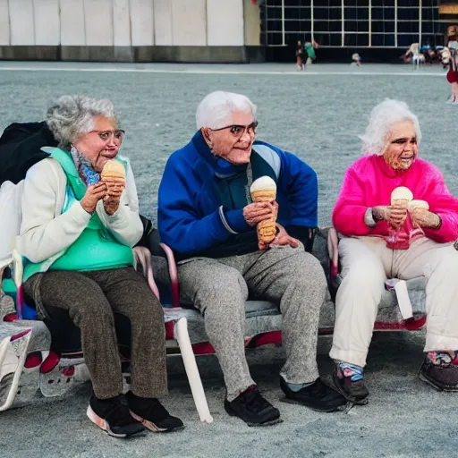 Image similar to an group of elderly people on the surface of the moon, 🌕, 🍦, eating ice - cream, tourist bus, canon eos r 3, f / 1. 4, iso 2 0 0, 1 / 1 6 0 s, 8 k, raw, unedited, symmetrical balance, wide angle