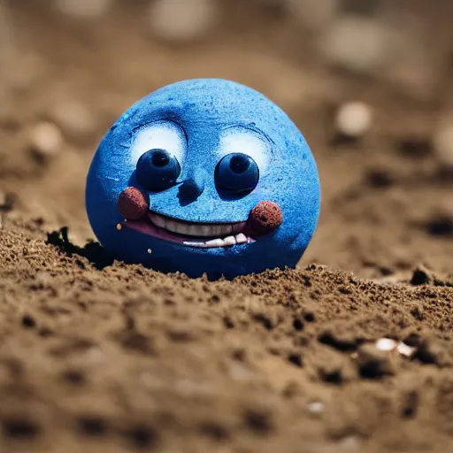 Image similar to photo of a small round creature made of dirt with round blue eyes and a round clown nose and a cute smile