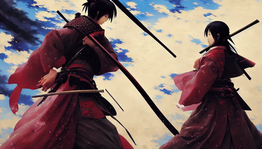 Image similar to baroque oil painting of key visual great samurai war, female samurai, rain, storm, final fantasy, fake detail, trending pixiv fanbox, acrylic palette knife, style of makoto shinkai takashi takeuchi yoshiyuki sadamoto greg rutkowski chiho aoshima