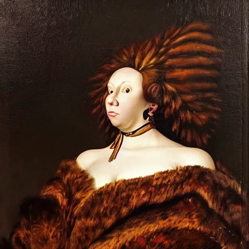 Image similar to disturbing dutch golden age oil painting by christian rex van minnen portrait of an extremely bizarre mutated proteus sundrome woman wearing fancy fur and jewels with intense chiaroscuro lighting perfect composition masterpiece