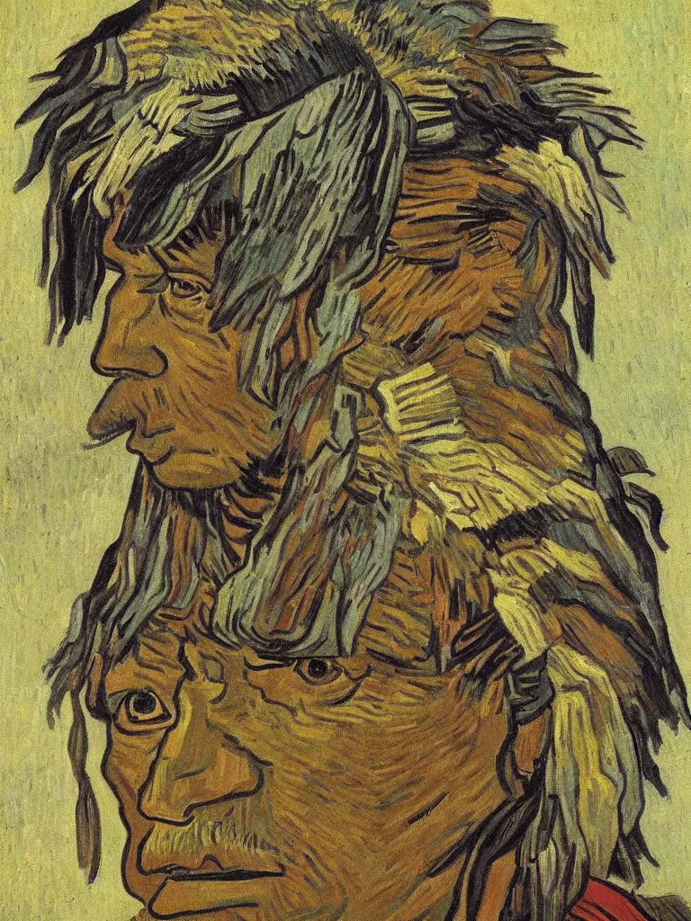 Image similar to Chief of the Native American tribe, portrait by Van Gogh