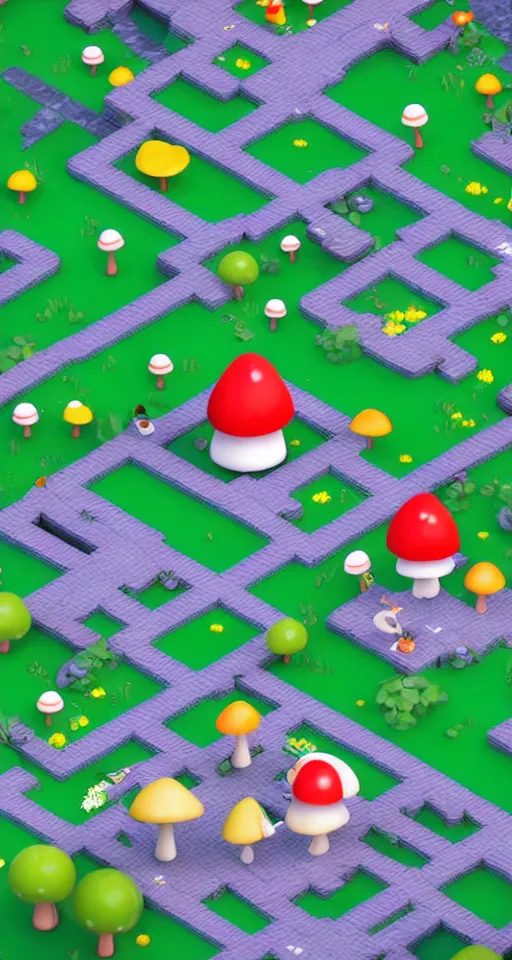 Image similar to a cute little isometric mushroom village garden, trending on artstation, 3d render, monument valley, fez video game,