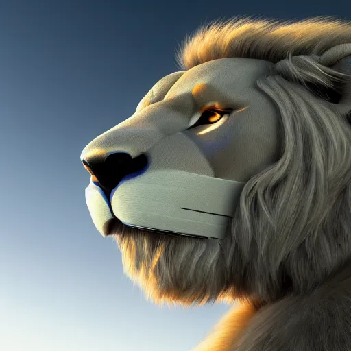 Prompt: dream very very beautiful furry art, bust profile picture of a robotic anthro lion, visor screen for face, snout under visor, commission on furaffinity, cgsociety, octane render