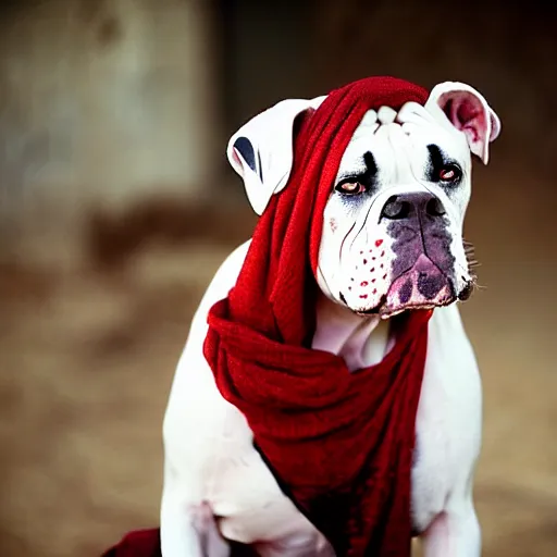 Image similar to portrait of american bulldog as afghan girl, green eyes and red scarf looking intently, photograph by steve mccurry