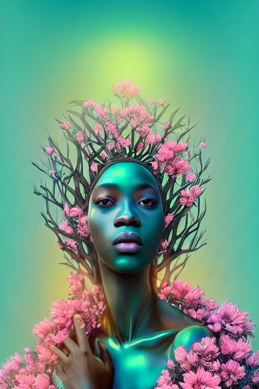 Prompt: illustration neo - renaissance cinematic super expressive! yoruba goddess with exoskeleton armor, merging with tree in a forest, pink yellow flowers, highly detailed digital art masterpiece, smooth etienne sandorfi eric zener dramatic pearlescent soft teal light, ground angle uhd 8 k, sharp focus
