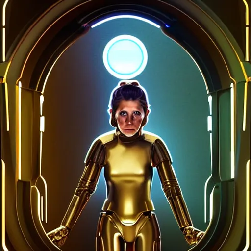 Image similar to symmetry!! portrait of young carrie fisher, gold sci - fi armour, tech wear, glowing lights!! sci - fi, intricate, elegant, highly detailed, digital painting, artstation, concept art, smooth, sharp focus, illustration, art by artgerm and greg rutkowski and alphonse mucha