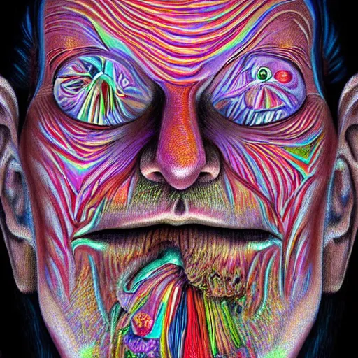 Image similar to hyperrealism realistic lsd detailed 3 d scary pyschedelic trippy nightmare face in the style of alex grey and pablo amaringo and david normal