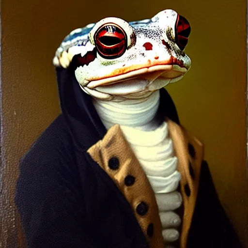 Image similar to a head and shoulders portrait painting of an anthropomorphic!!!!!!!!!! amazon milk frog!!!!!!!!!! wearing a colonial outfit without a hat looking off camera, a character portrait, american romanticism, oil on canvas, soft focus