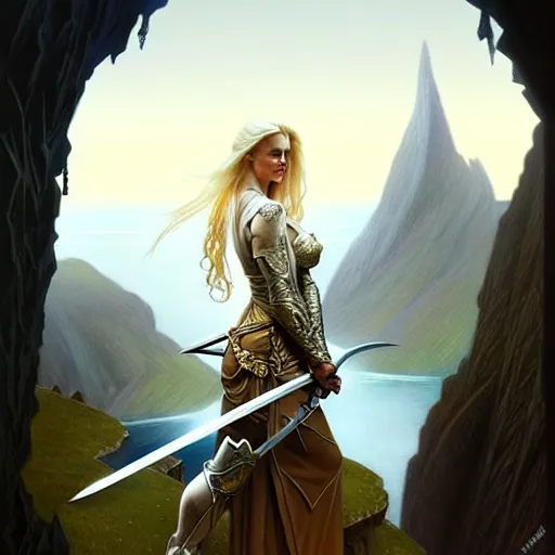 Image similar to A epic fantasy portrait of a blond woman, holding a sword, standing on a cliff, castle setting, horror movie lightning, intricate, elegant, highly detailed, digital painting, artstation, concept art, matte, sharp focus, illustration, art by Artgerm and Greg Rutkowski and Alphonse Mucha